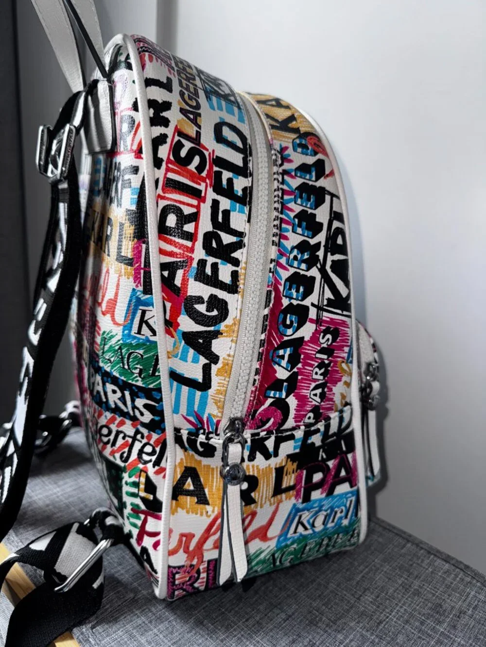 Karl Lagerfeld Paris Graffiti Logo Backpack Multi Color White Graphic Print